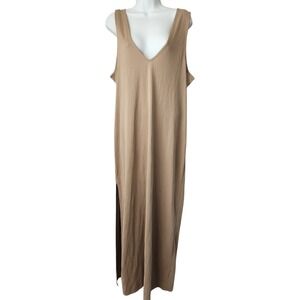 Open Edit Sleeveless V Neck Maxi Dress Sz L Beige Side Slit Quiet Luxury Neutral